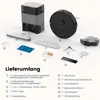 A flat lay of a robot vacuum cleaner and its accessories, with numbered callouts and a list of contents. Produktbild-Vorschau