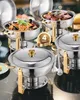 A collection of chafing dishes filled with food, displayed on a reflective surface. Produktbild-Vorschau