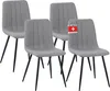 Four gray upholstered dining chairs with black metal legs arranged in a set on a white background. Produktbild-Vorschau