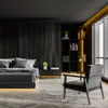 A modern bedroom with a bed, nightstand, bookshelf, and chair, illuminated by accent lighting. Produktbild-Vorschau
