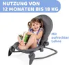 A young child is sitting in a gray baby bouncer and reading a book. Produktbild-Vorschau