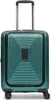 A green trolley suitcase with a silver telescopic handle and black wheels, set against a white background.