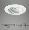 A white recessed LED spotlight with a swiveling head, shown against a plain gray background. Technical diagrams with dimensions are displayed below the product. Produktbild-Vorschau