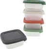 A stack of clear plastic food storage containers with colored lids, and one container with a black lid in the foreground. Produktbild-Vorschau