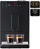 A black Melitta Caffeo Solo E 950-222 coffee machine is shown from the front, with two cups of coffee being dispensed. Produktbild-Vorschau