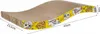 A wavy cardboard cat scratching board with cartoon cat illustrations and dimensions labeled. Voir les images du produit