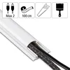 A white PVC cable channel with two cables inside, shown in a close-up perspective. Four icons are displayed in the top right corner, indicating product features or usage. Podgląd zdjęcia produktu
