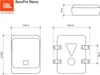 Technical drawings and branding for a JBL BassPro Nano subwoofer. Voir les images du produit
