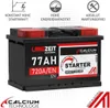 A product shot of a car battery with marketing text and icons. Produktbild-Vorschau