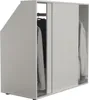 A white wardrobe with sliding doors and clothes hanging inside, shown from a diagonal angle. Produktbild-Vorschau