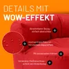 A red beanbag chair with text overlays highlighting its features. Produktbild-Vorschau