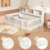 A child's bed with a bookshelf headboard, shown in a room setting with decorative elements and close-up feature highlights. Produktbild-Vorschau