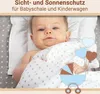 A baby lying down, covered with a blanket, with graphics of balloons and a stroller. Produktbild-Vorschau