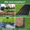 A collage of four images showing the installation steps of weed control fabric. Voir les images du produit