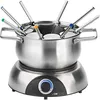 A stainless steel electric fondue pot with eight fondue forks on a white background. Produktbild-Vorschau