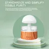 A mushroom-shaped humidifier sits on a decorative stand, presented against a light green background with descriptive text above. Náhled obrázku produktu