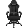 A black and gray gaming chair with a headrest and lumbar pillow. Produktbild-Vorschau