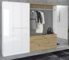 A modern wardrobe with white high-gloss doors and artisan oak drawers, featuring hanging coats and a black handbag. Produktbild-Vorschau
