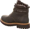 A side view of a black leather boot with brown accents. Voir les images du produit