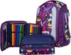 A set of school supplies including a backpack and pencil cases, all with a purple floral pattern. Náhľad obrázku produktu