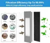 Diagram illustrating the filtration efficiency of an air purifier, showing different particles trapped by the filter. Produktbild-Vorschau