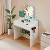 A white vanity table with a mirror and LED lights, decorated with various cosmetic products and a plant. Produktbild-Vorschau