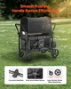 A black wagon is parked on a grassy lawn with a blurred background of trees and foliage. The image includes text overlays and inset images highlighting product features. Voir les images du produit