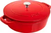 A red Staub cast iron pot with a silver knob on its lid, shown from a slightly elevated side angle against a white background. Produktbild-Vorschau