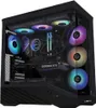 A black computer tower case with multiple RGB fans glowing with various colors. Produktbild-Vorschau