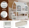 A collage of images showcasing a white bunk bed with a house-like design, including close-ups of its features and storage. Produktbild-Vorschau