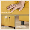 A collage of images showing details of a yellow sofa bed. Podgląd zdjęcia produktu