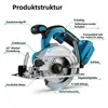 A diagram of a cordless circular saw with labels pointing out its different parts. Produktbild-Vorschau