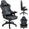 A collage of three images showing a black gaming chair from different angles. Produktbild-Vorschau