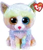 A plush toy cat with rainbow-colored fur and large, glittery eyes sits against a white background. A red heart-shaped tag with the TY logo is attached to its ear. Podgląd zdjęcia produktu