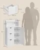 A product image showing a white bathroom cabinet with dimensions and two human silhouettes for scale. Produktbild-Vorschau