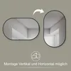 Two oval mirrors are shown, one horizontal and one vertical, with an arrow indicating rotation. A circular icon shows a mirror rotating from horizontal to vertical. Text below indicates mounting options. Produktbild-Vorschau