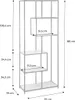 A diagram showing the dimensions of an asymmetrical metal shelf with wood-effect shelves. Produktbild-Vorschau