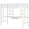 A white metal loft bed with an integrated desk and shelves, shown against a white background. Produktbild-Vorschau