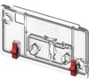A clear, studio shot of a transparent plastic spare part for a toilet cistern lid, featuring red locking clips. Produktbild-Vorschau