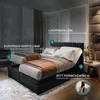 A bedroom scene featuring an adjustable bed with features highlighted by text overlays. Podgląd zdjęcia produktu