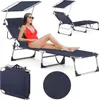 A collage of images showing a navy blue foldable lounge chair with a canopy, a woman in a red swimsuit relaxing on it, a folded version of the chair, and a close-up of the fabric texture. Náhled obrázku produktu
