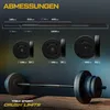A diagram showing the dimensions of a barbell set, followed by images of weight plates and a fully assembled barbell. Produktbild-Vorschau