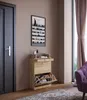 A shoe cabinet is placed next to a door and a window with curtains, with shoes stored inside. Produktbild-Vorschau