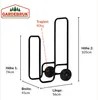 A black metal log cart with dimensions and weight capacity indicated by text and lines. Anteprima dell’immagine prodotto