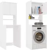 A white bathroom cabinet with shelves and a washing machine. Produktbild-Vorschau