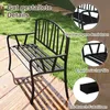 A black metal garden bench is shown outdoors on a wooden deck with grass in the background. Insets highlight specific features of the bench. Voir les images du produit