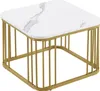 A square coffee table with a white marble-patterned top and a gold metal frame with vertical bars. Náhľad obrázku produktu