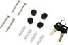 A collection of hardware items including screws, wall plugs, rubber feet, and keys, laid out on a white background. Podgląd zdjęcia produktu