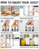 A collage of six images demonstrating how to use an electric juicer. Produktbild-Vorschau