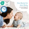 A mother and baby interacting happily on a white surface, with marketing text and certifications in the background. Produktbild-Vorschau